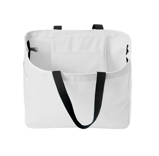 A white tote bag with black straps against a white background, open to show the interior space.