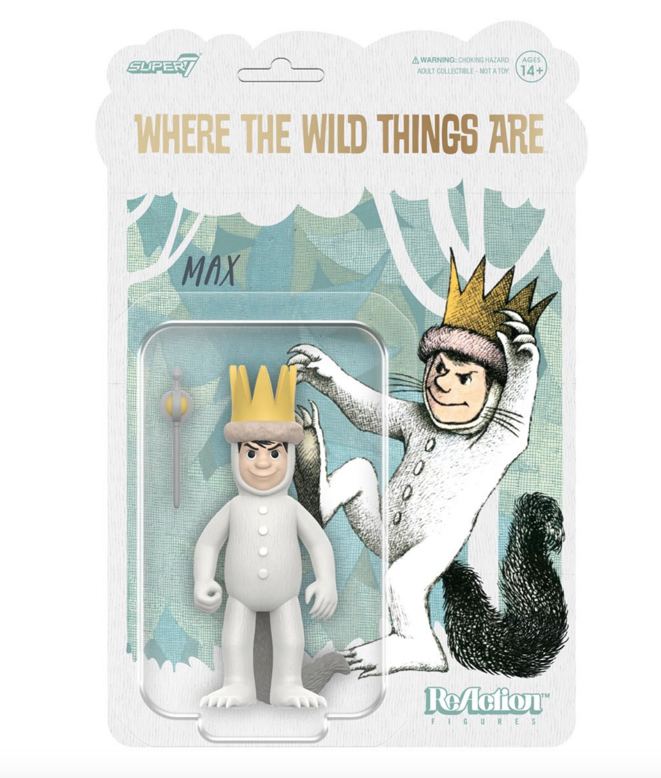 A cardboard package containing a small figurine. The figurine depicts the character Max from Where The Wild Things Are.