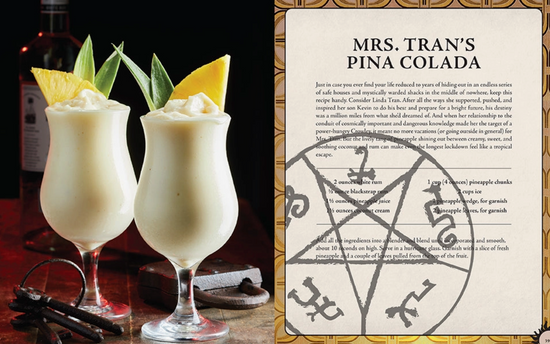 Two tall glasses containing pina coladas sit on a table, with keys and a padlock next to them. On the other side of the image is Mrs. Tran's Pina Colada recipe.