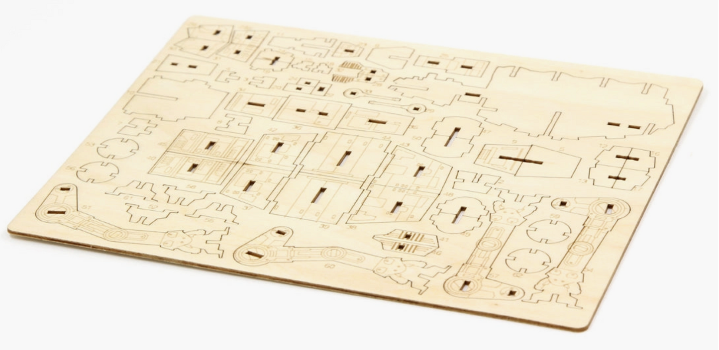 A flat wooden sheet off of the model parts, to be punched out and assembled.