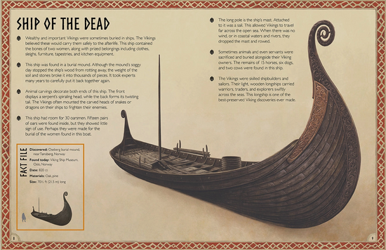 A parchment-colored book page with a red border. On the page in black text is the page title reading “Ship of the dead,” with a description of the ship underneath. On the right side is an image of a Viking ship.