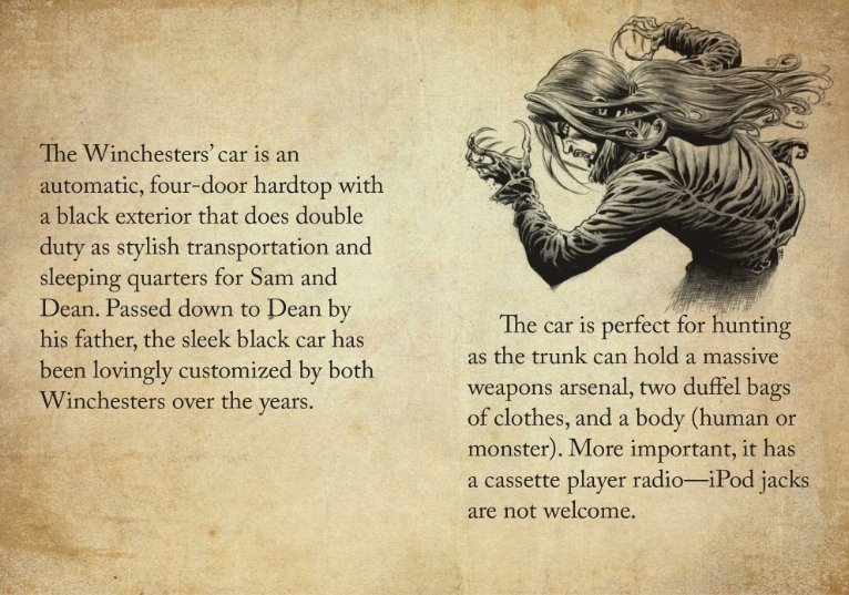 A two-page spread from the book. On the right is a drawing of a monster with long claws and hair. Black text across both pages describes the Winchester Brothers' car.