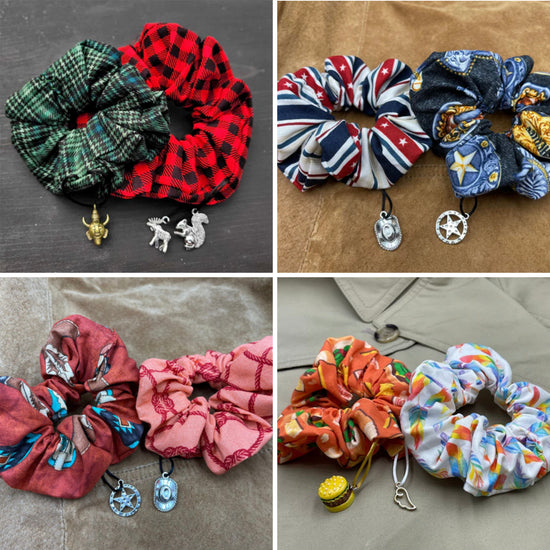 An image showing collections of scrunchies. Each scrunchie has various patterns in the fabric, with brass charms attached at the bottoms of each.