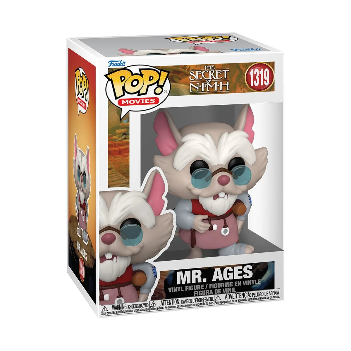 A cardboard box with a transparent front, containing a bobblehead figure depicting the character Mr. Ages from "The secret of NIMH."