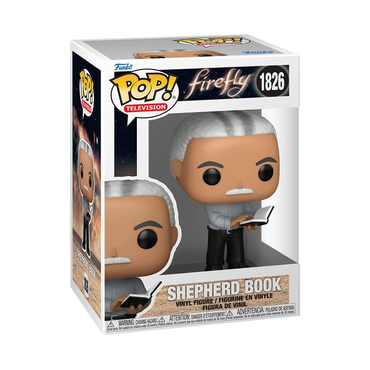 A boxed vinyl Funko Pop figure depicting the character Shepherd Book from the TV series "Firefly."