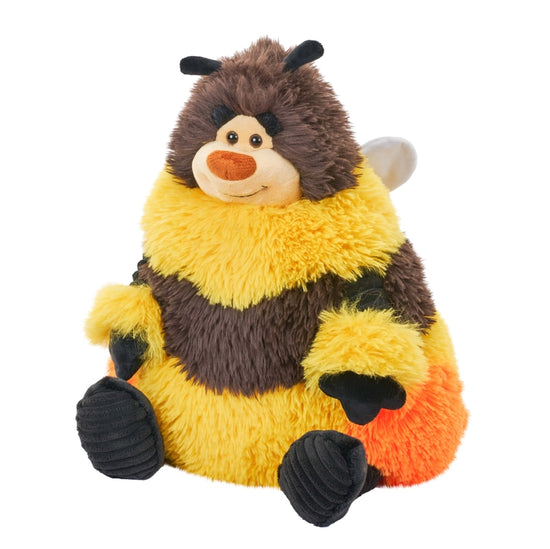 A bee plushie against a white background. The bee has yellow and brown striped, with white wings on his back. At his bottom is a patch of orange, to represent pollen. The bee has black hands and feet, and a smile on his face.