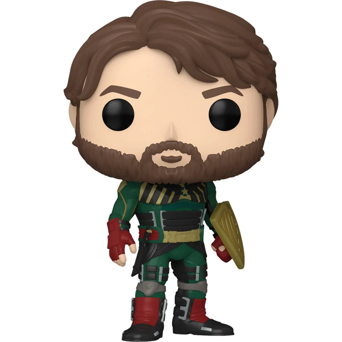 A vinyl Funko Pop figure of the character Soldier Boy from the TV series "The Boys." The figure has a brown beard, and is dressed in a green costume with a wedge-shaped shield on one forearm.