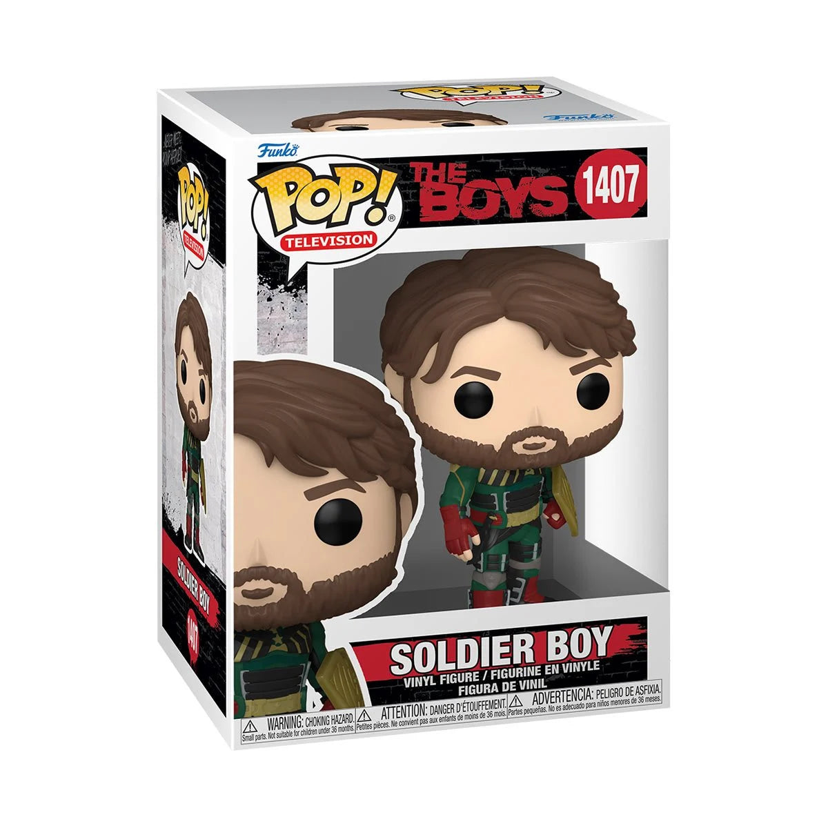 A vinyl Funko Pop figure of the character Soldier Boy from the TV series "The Boys." The figure has a brown beard, and is dressed in a green costume with a wedge-shaped shield on one forearm. The figure is in a cardboard Funko Pop box.