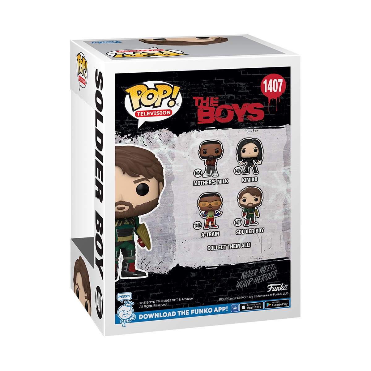 The back of a Funko Pop box containing a Pop figure of the character Soldier Boy, from the TV series The Boys. Other characters from the series are depicted on the box.