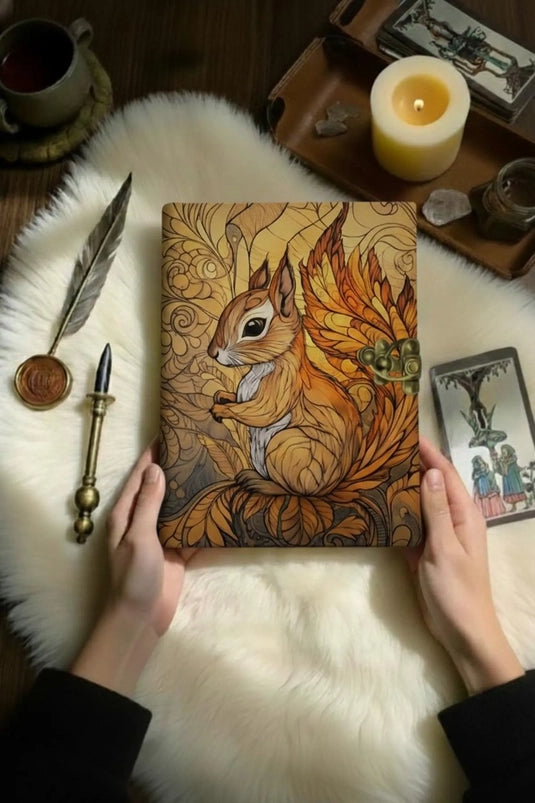 Decorative notebook with a squirrel design held by hands on a white surface with a candle and tarot cards in the background.