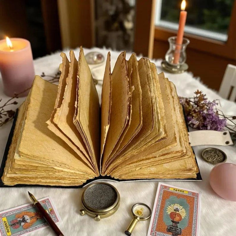 Open old book on a table with candles and other objects