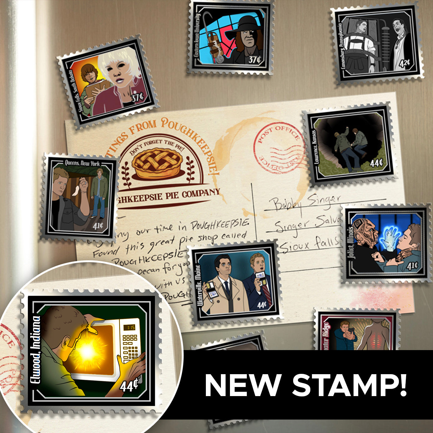 A collage of illustrated postage-style stamps with character art and postmark elements arranged over a vintage letter, plus a circular inset showing one stamp design and large text reading 'NEW STAMP!' on a black bar.