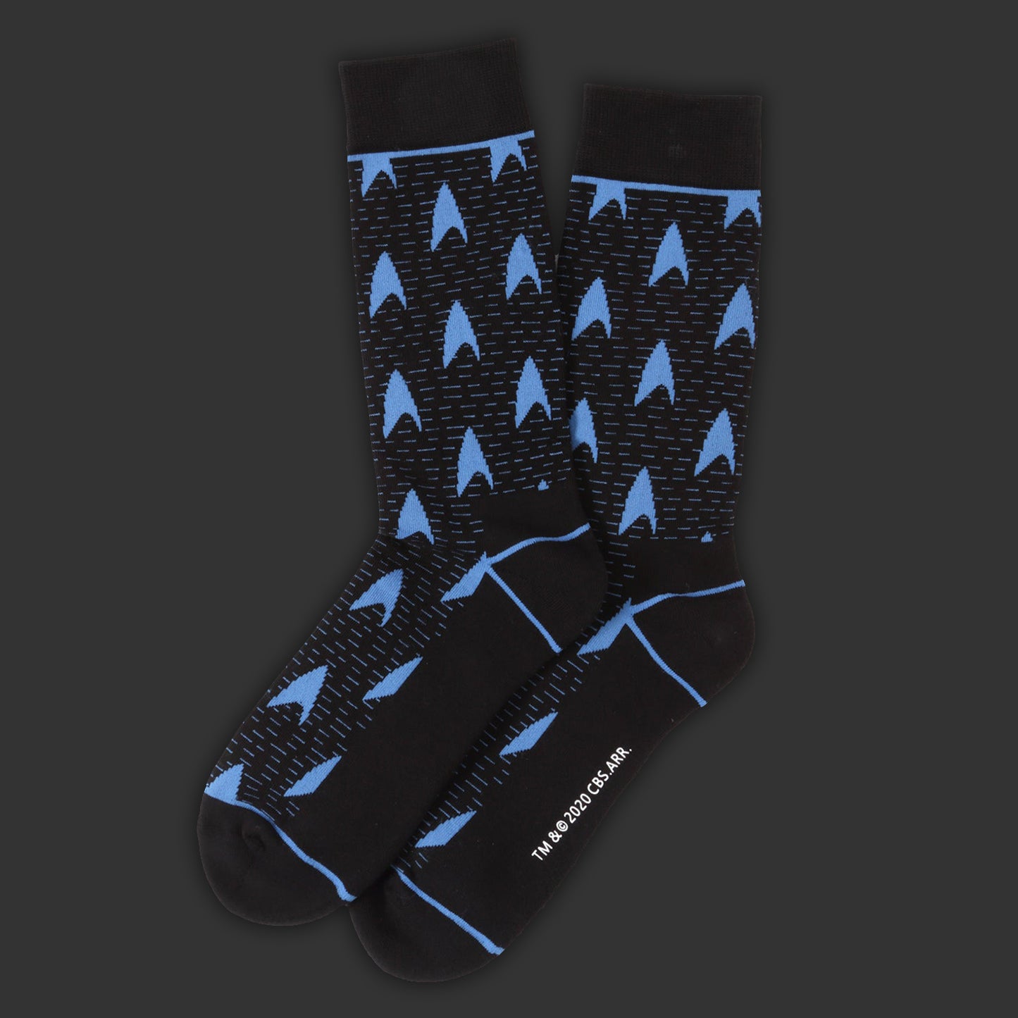 Black socks with a blue Star Trek delta logo pattern.
