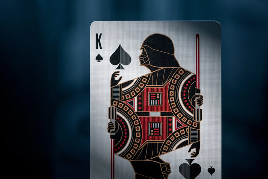 A King of Spades playing card. The image of the king has been replaced by Darth Vader.