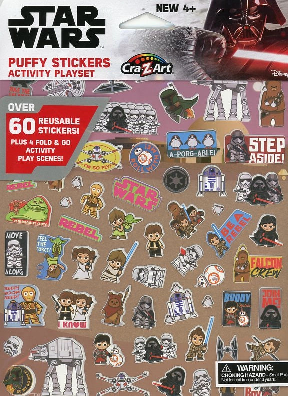 A rectangular page covered in puffy stickers, each depicting a cartoon rendering of characters from Star Wars. At the top is a depiction of Darth Vader wielding his red lightsaber. Black and red text at the top left corner says "Star Wars puffy stickers activity playset."
