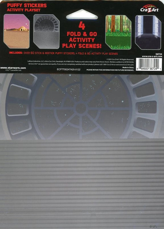A rectangular page depicting the throne room window of the Death Star. At the top are four images of famous locations from the Star Wars movies.