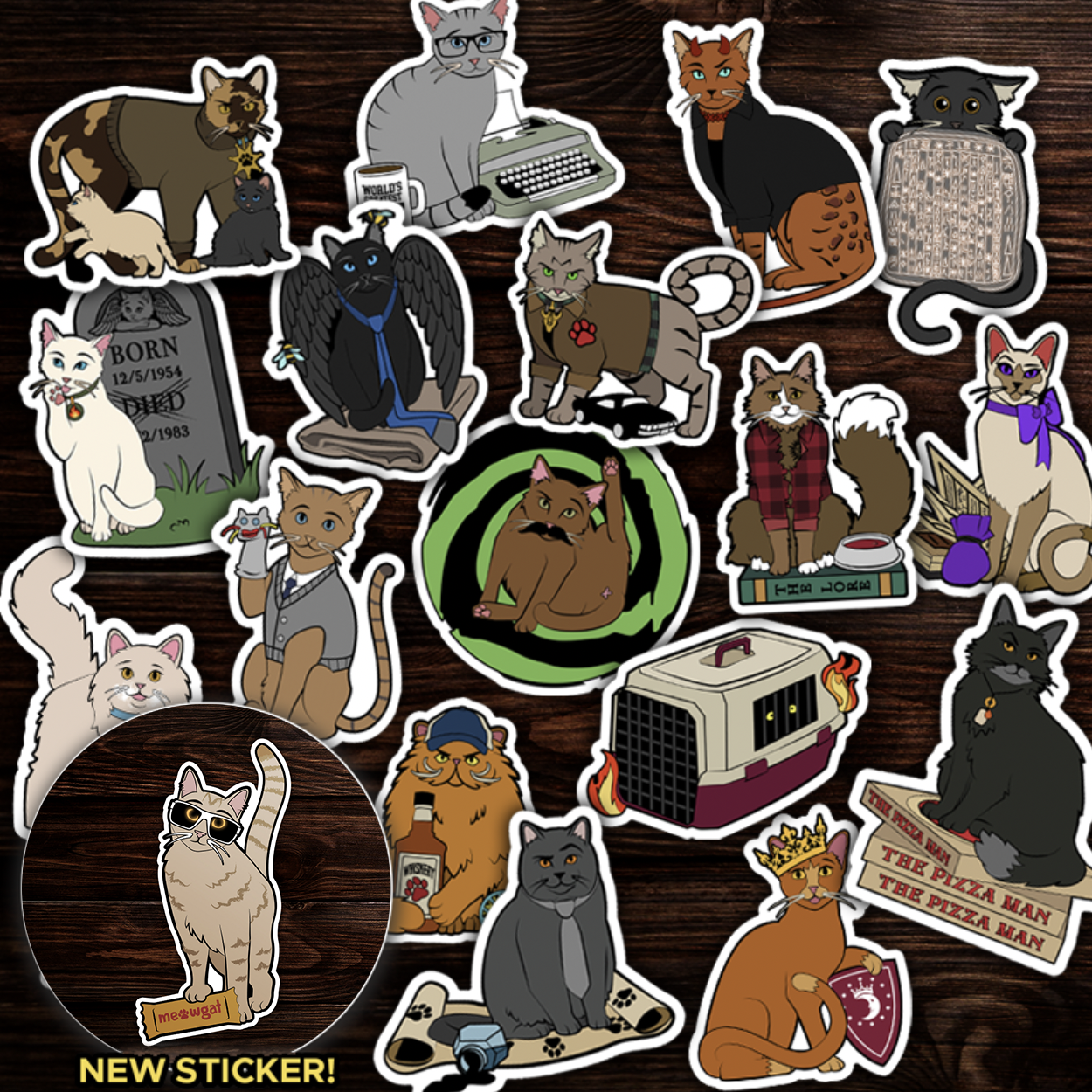 Collection of various cat-themed stickers on a wooden surface