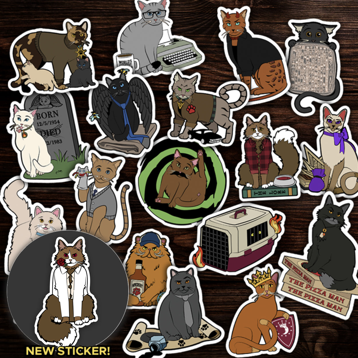 A collection of Supernatural-themed cat stickers strewn on a wooden surface. An inset circle on the bottom left shows Samifurr, the new sticker.