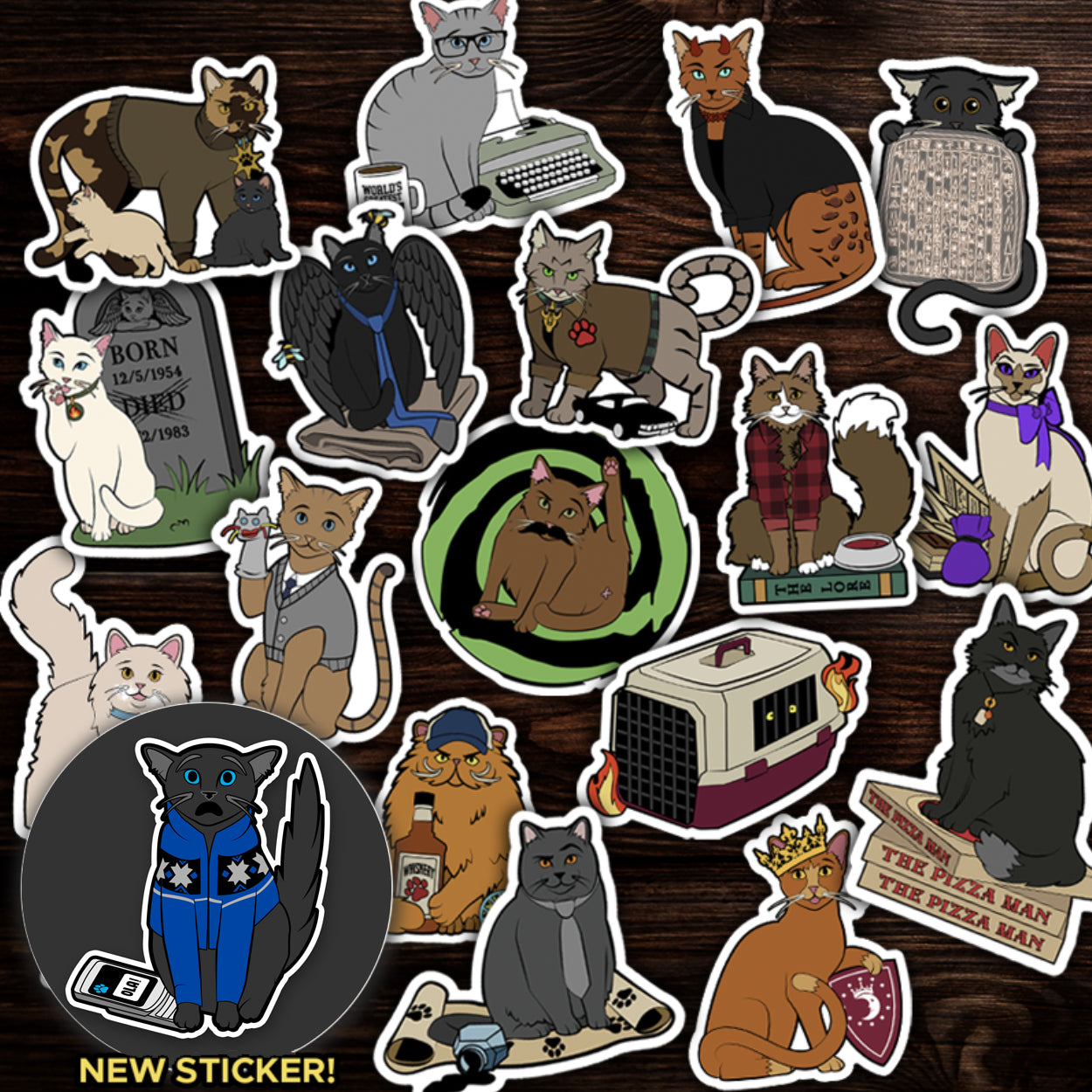 Collection of various cat-themed stickers on a wooden surface. On the bottom left is an inset circle that reads "NEW STICKER!" with an image of French Mistake Meowsha, the newest sticker.