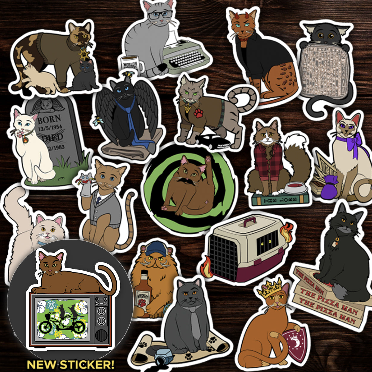 A collection of Supernatural-themed cat stickers strewn on a wooden surface. An inset circle on the bottom left shows Changing Channels Kitster, the new sticker.