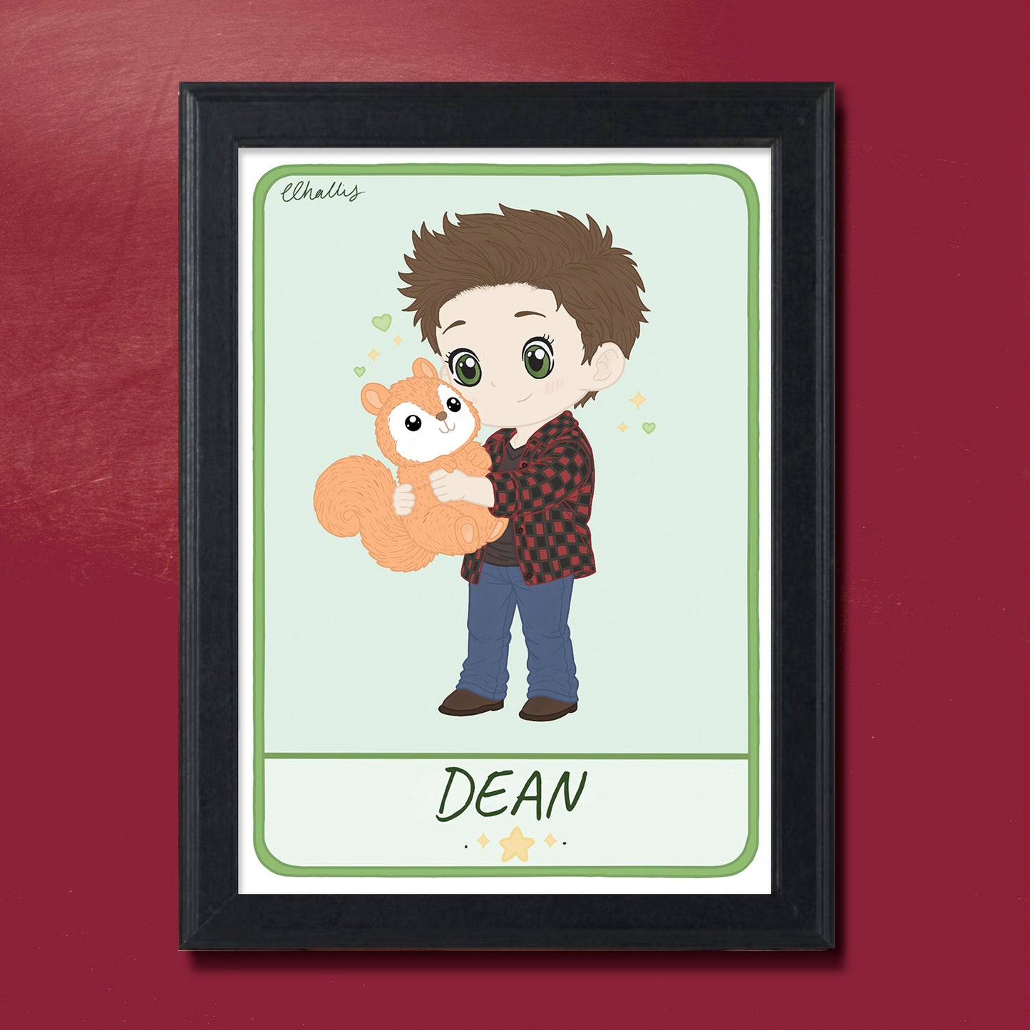 A chibi-style drawing of Sam Winchester holding a stuffed squirrel.