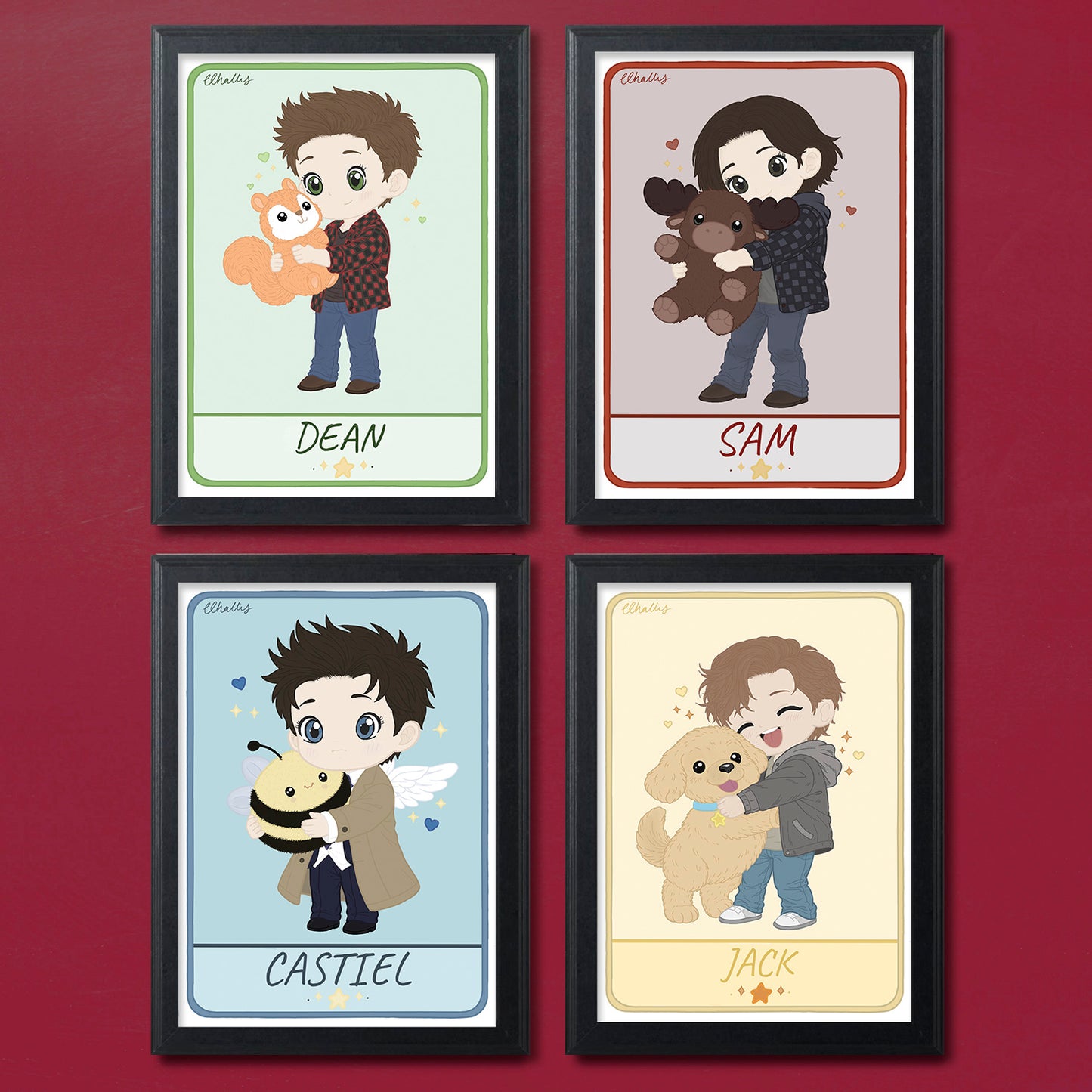 Four chibi-style drawings depicting Sam, Dean, Castiel, and Jack from Supernatural. Each character is paired with an animal.