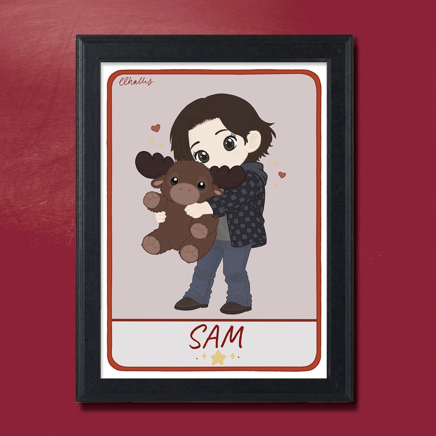 A chibi-style drawing of Sam Winchester holding a stuffed moose.