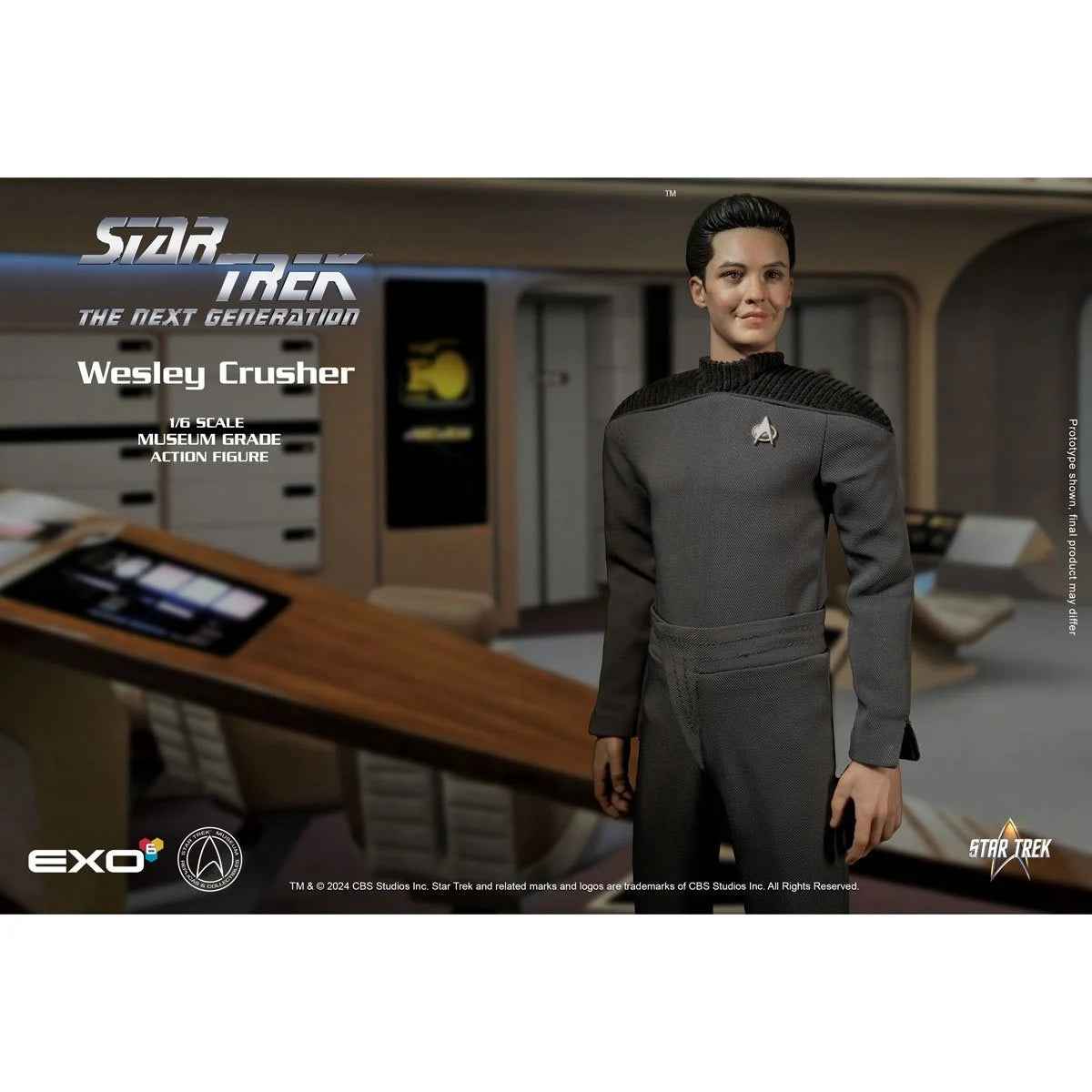 An action figure depicting the character Wesley Crusher from the TV series "Star Trek: The Next Generation." The figuring is dressed in Wesley's iconic grey uniform. Silver and white text at the top says "Star Trek the never generation, Wesley Crusher. One sixth scale museum grade action figure." In the background is the bridge of the Starship Enterprise 1701-D. 