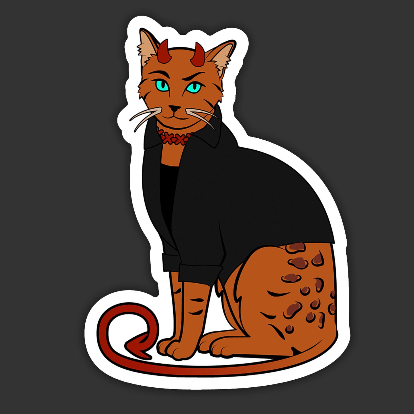 Cartoon cat with devil horns and tail on a black background