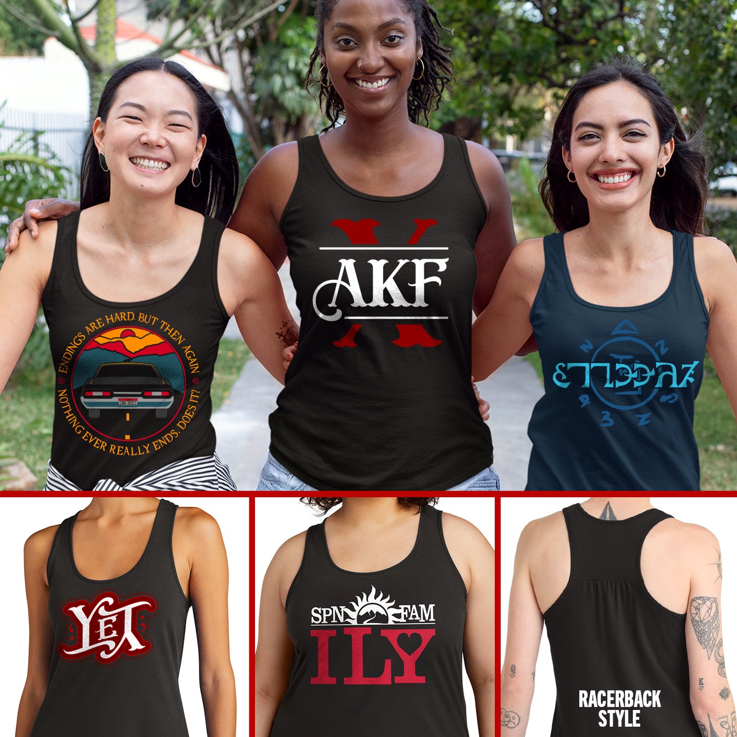 Three women wearing tank tops with different designs and text. There is an inset image of two additional tanks at the bottom and an inset of the racerback of the tank.