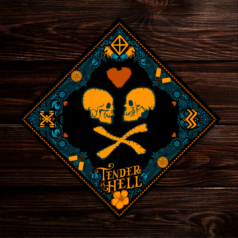 A sticker depicting two skulls facing each other above a crossbones. Orange text says tender as hell.