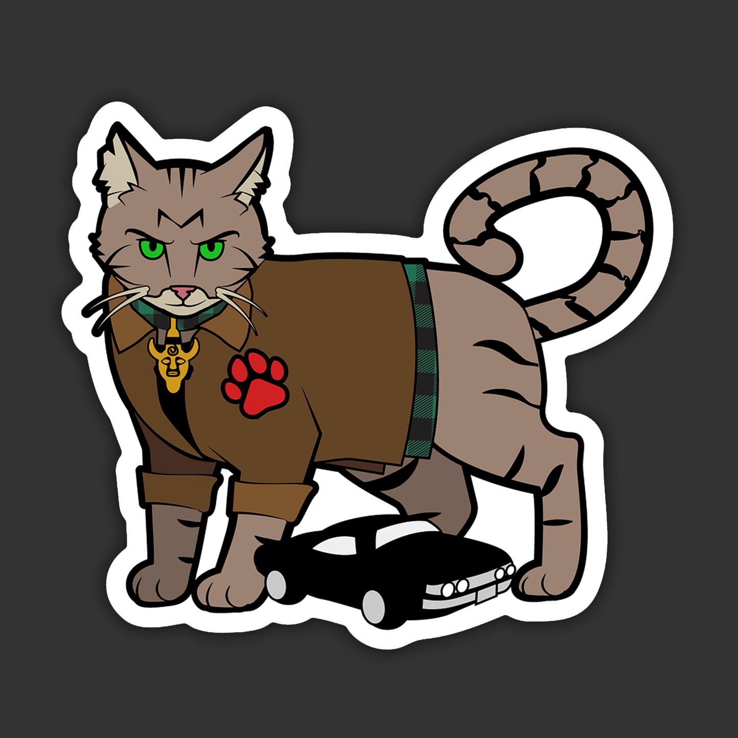 Cartoon cat in a coat with a red paw print holding a toy car on a black background