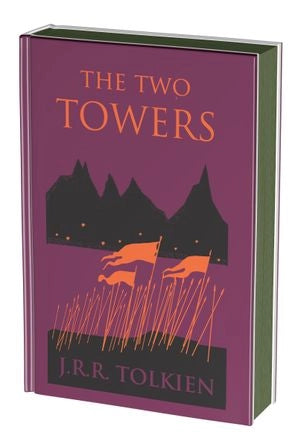 A purple hardcover book on a white background. The front cover depicts a minimalist drawing of orange war flags against black mountains. Orange text says "The Two Towers."