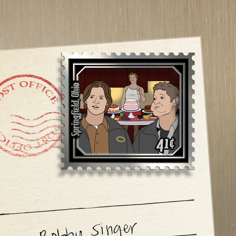 Illustration of Sam and Dean Winchester on a postage stamp with a 'Post Office' stamp in the corner.