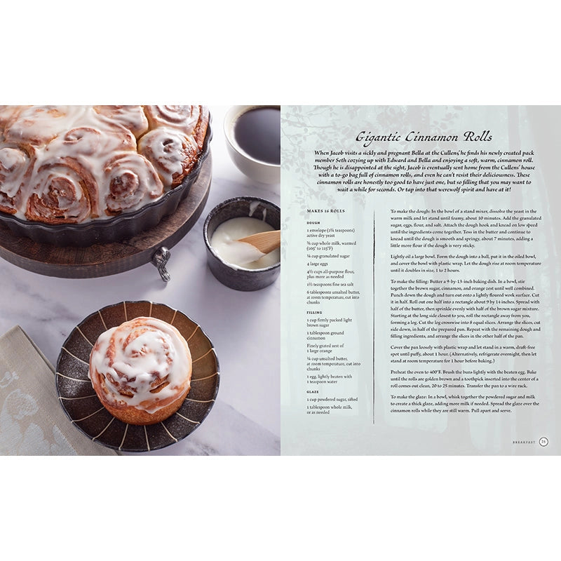A two-page spread from the book depicting a recipe and images for Gigantic Cinnamon Rolls.