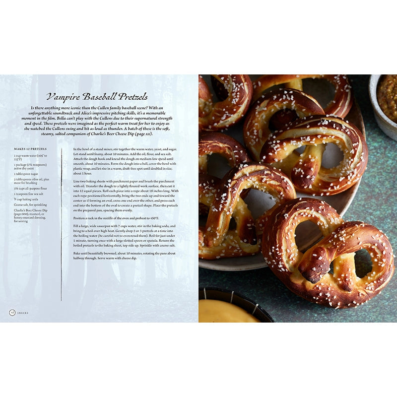 A two-page spread from the book depicting a recipe and images for Vampire Baseball Pretzels.