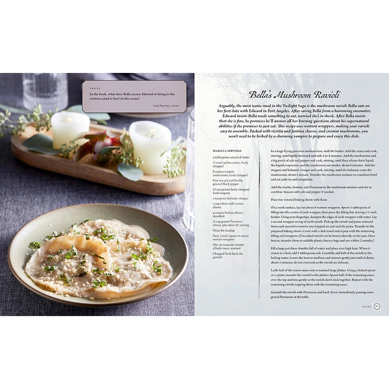 A two-page spread from the book depicting a recipe and images for Bella's Mushroom Ravioli.