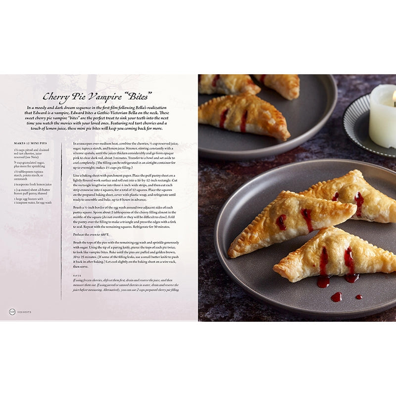 A two-page spread from the book depicting a recipe and images for Cherry Pie Vampire Bites.
