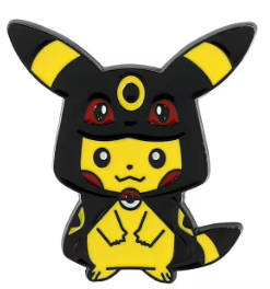 An enamel pin depicting the Pokemon character Pikachu dressed as Umbreon.