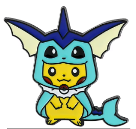 An enamel pin depicting the Pokemon character Pikachu dressed as Vaporeon.