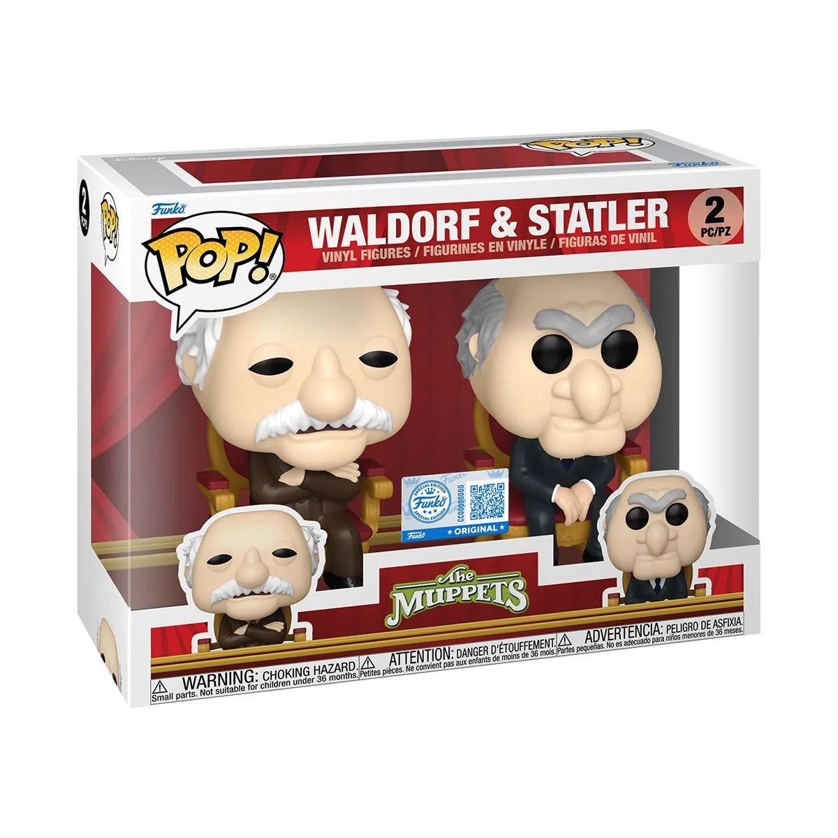 A cardboard box with a transparent front, containing two bobblehead figures side by side. The figures depict Waldorf and Statler from The Muppets, sitting on their theater seats.