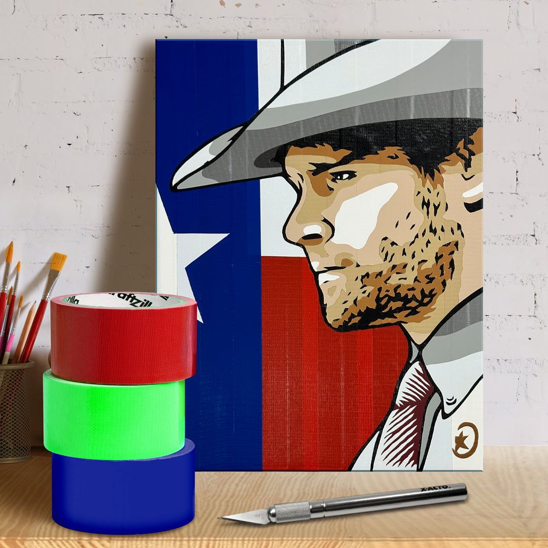 A poster against a white wall. The poster depicts the character Walker from the TV series of the same name, against the texas flag, created with colored duct tape. Next to the poster are rolls of colored duct tape and cutting tools.