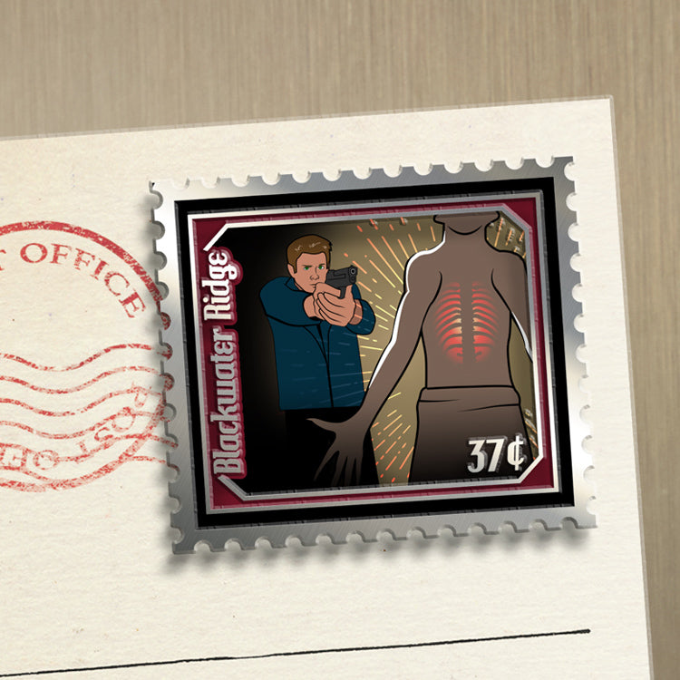 A stamp magnet depicting a man pointing a gun at a Wendigo. The monster's ribs are glowing through its skin. At the eft is text saying "blackwater ridge"