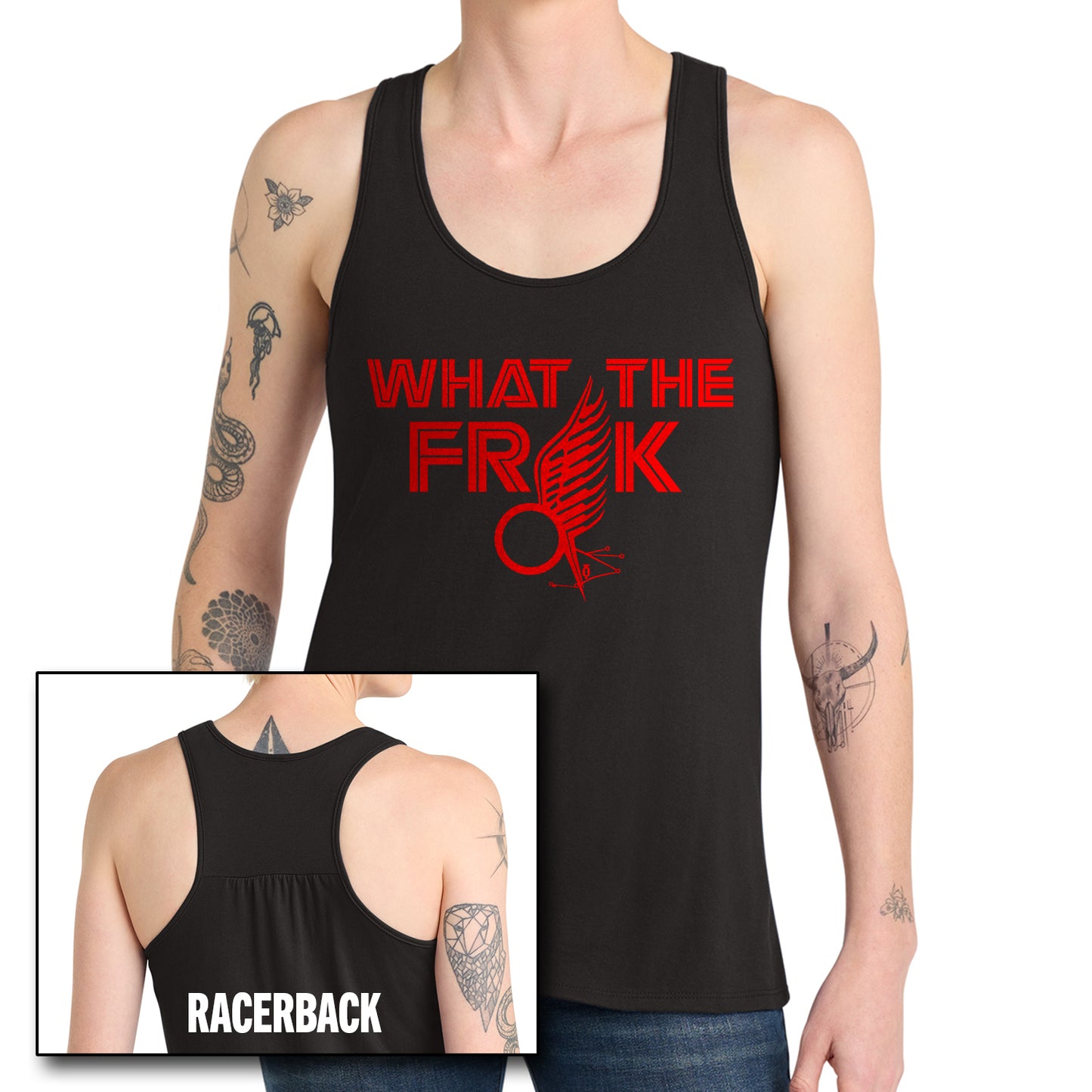 Black tank top with red graphic and text, worn by a person with tattoos.