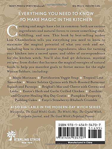 The back cover of the book. There are drawings of leaves and herbs in gold on a tan background, and black text giving a brief description of the book.