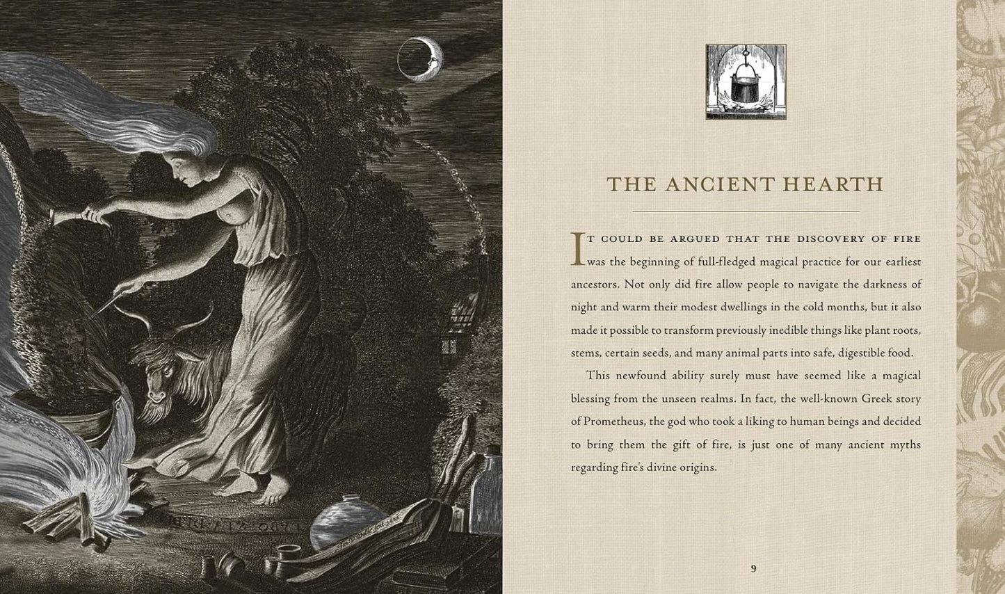 A two-page spread from the book. On the left is a black and white drawing of a witch performing a ritual at a fiery hearth. On the right is black text describing The Ancient Heart.