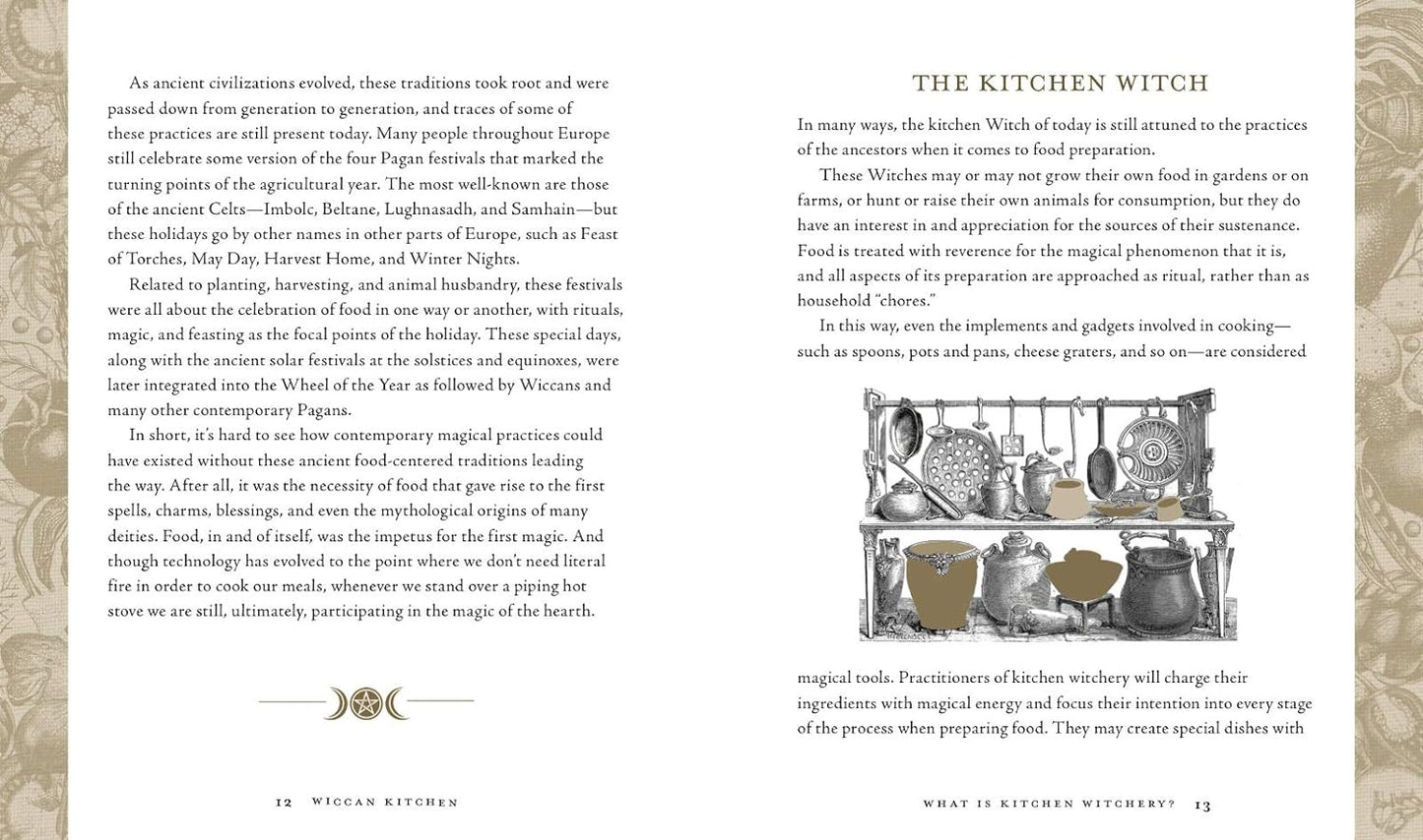 A two-page spread from the book. Black text describes the kitchen witch. On the right is a drawing of pots and pans on a rack.