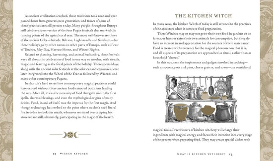 A two-page spread from the book. Black text describes the kitchen witch. On the right is a drawing of pots and pans on a rack.