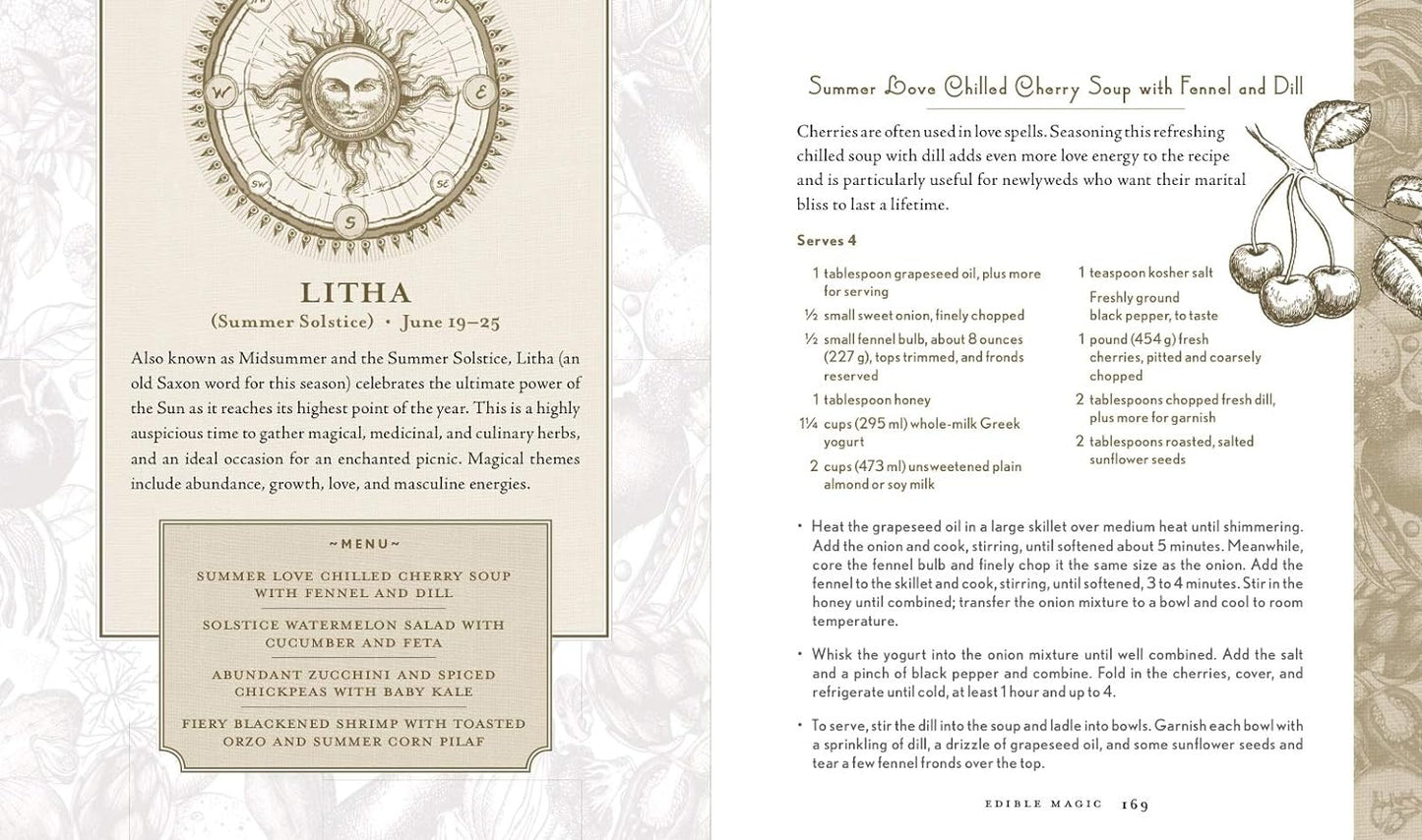 A two-page spread from the book. On the left is a description of litha, the summer solstice, with a drawing o fthe sun above. On the right is a recipe for summer love chilled cherry soup with fennel and dill.