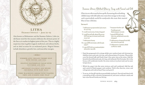 A two-page spread from the book. On the left is a description of litha, the summer solstice, with a drawing o fthe sun above. On the right is a recipe for summer love chilled cherry soup with fennel and dill.